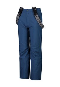 Pantalones impermeables azules con tirantes ajustables en negro y gris, con cierre de cremallera y textura suave, diseñados para actividades al aire libre.