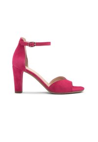 Różowe zamszowe sandały na wysokim obcasie z paskiem w kostce, z otwartym noskiem i słupkowym obcasem. Gładka tekstura z minimalną ilością przeszyć.