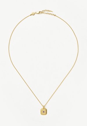 Kuldne kaelakee ruudukujulise ripatsi ning päikesepaiste mustriga, mille keskel on lilla vääriskivi. Nähtav on peen tekstuur ja lukudetail.