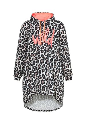 Leopardenmuster-Kapuzenpullover mit asymmetrischem Saum, verziert mit einer pinkfarbenen "wild"-Grafik und Kordelzug-Details. Hergestellt aus weichem, strukturiertem Stoff.