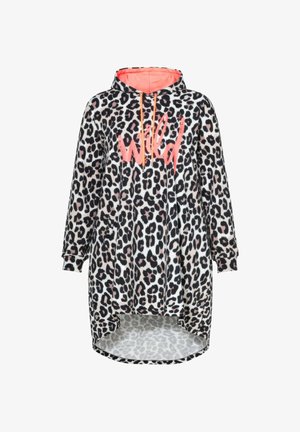 Leopardikuvioinen huppari, jossa on korkeampi takahelma, vaaleanpunainen "wild"-grafiikka ja kiristysnauha. Valmistettu pehmeästä, teksturoidusta kankaasta.