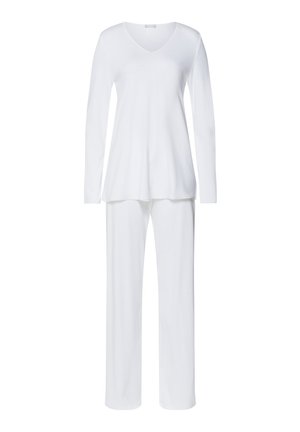 White two-piece lounge set featuring a long-sleeve V-neck top and straight-leg pants, made from soft, lightweight fabric.