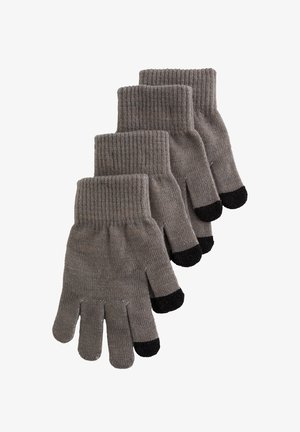 Vier paren grijze gebreide handschoenen met zwarte vingertoppen die compatibel zijn met touchscreen, diagonaal gestapeld op een witte achtergrond.