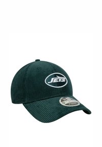 Grüne Cordcapp mit einem weißen gestickten Logo "JETS" in einem Oval. Der Schirm ist gebogen und der Stoff hat eine strukturierte Oberfläche.