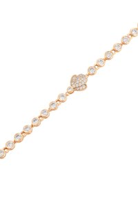 Bracciale in oro rosa con gemme trasparenti circolari e un centro a forma di cuore incastonato di piccole pietre trasparenti.