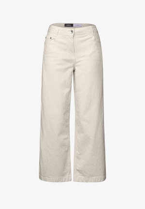 Ljust färgade vida byxor i bomull med vertikala ränder. Har framfickor, knappstängning och en något texturerad tyg.