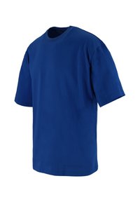 Blaues Kurzarm-T-Shirt aus weichem Stoff, mit rundem Halsausschnitt und lockerer Passform. Schlichtes Design ohne sichtbare Muster oder Akzente.