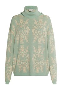 Mint green turtleneck sweater with cream floral and bird pattern. Soft knit texture, relaxed fit with ribbed cuffs and hem.