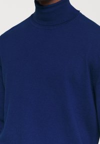 Maglione a collo alto di colore blu navy con collo a costine e texture liscia, caratterizzato da una silhouette aderente senza motivi o decorazioni visibili.