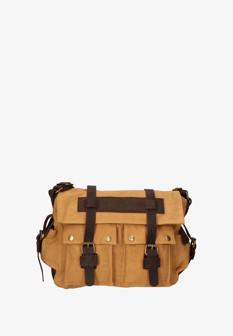 Borsa messenger in tela color sabbia con tracolle in pelle marrone. Presenta tre tasche frontali, hardware in ottone e una tracolla regolabile.