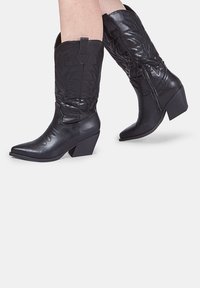 Černé kovbojské boty s špičatou špičkou, embosovaným vzorem a prošívanými detaily. Mají boční zip a blokový podpatek pro stabilitu.