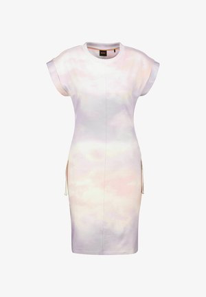 Robe violette claire à manches courtes, avec un motif ressemblant à des nuages. Confectionnée dans un tissu doux, elle possède des liens sur les côtés et une silhouette ajustée.