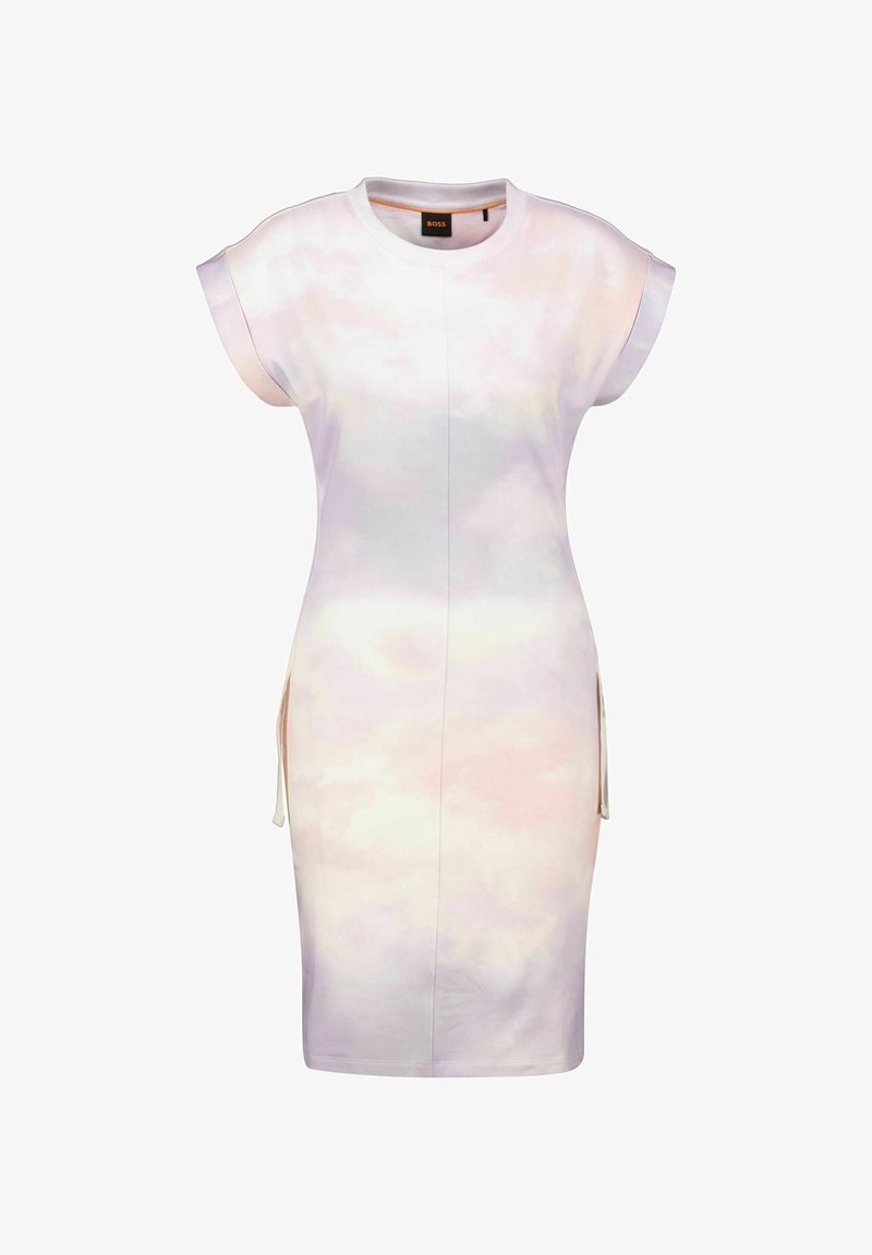 Robe violette claire à manches courtes, avec un motif ressemblant à des nuages. Confectionnée dans un tissu doux, elle possède des liens sur les côtés et une silhouette ajustée.