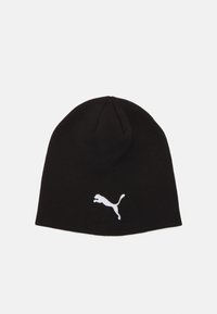Black knitted beanie hat with a close-fitting design, featuring a white Puma logo embroidered on the side. Soft texture and elastic fit.