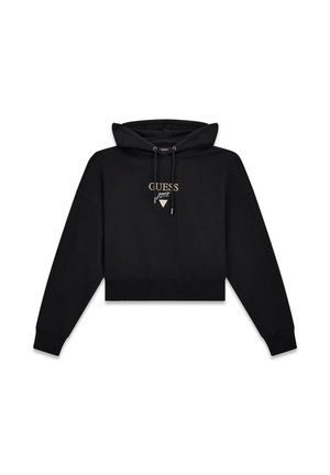 Felpa nera corta con tasca a marsupio frontale, coulisse e logo "GUESS jeans" ricamato in oro. Tessuto morbido, vestibilità standard.