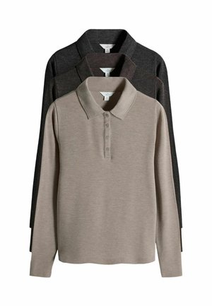 Drei langärmelige Poloshirts in verschiedenen Farben: hellbeige, dunkelgrau und schwarz. Mit einer geknöpften Knopfleiste und weichem, strukturiertem Stoff.