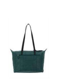 Sac fourre-tout en cuir bleu sarcelle avec une finition texturée, doté de poignées noires, d'une fermeture éclair sur le dessus et d'une poche avant avec un détail zippé.