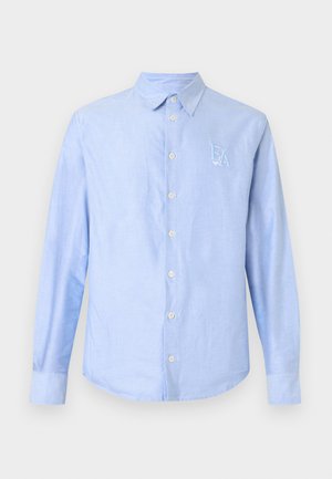 Light blue long-sleeve shirt made of soft fabric, featuring a classic collar, front buttons, and embroidered "EA" logo on the left chest.