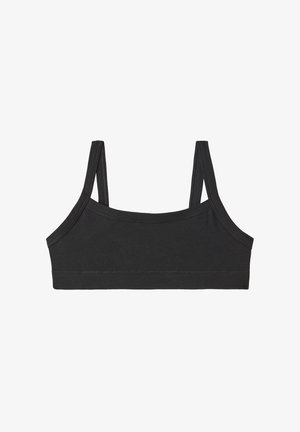 Černý bavlněný bralette s jednoduchým designem, s nastavitelnými ramínky, kulatým výstřihem a hladkou texturou. Bez vycpávek a kostic.