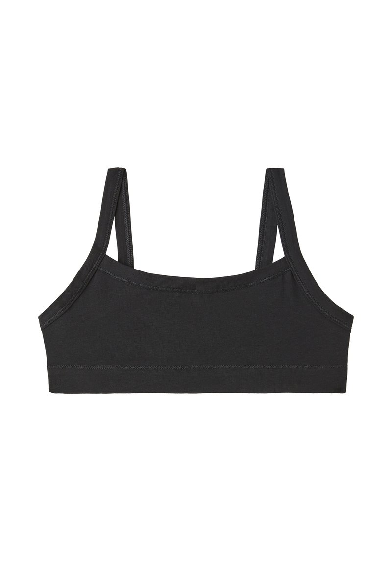 Černý bavlněný bralette s jednoduchým designem, s nastavitelnými ramínky, kulatým výstřihem a hladkou texturou. Bez vycpávek a kostic.