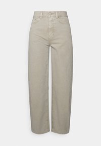 Jeans de mezclilla de algodón de pierna ancha de talle alto en color beige, con cierre de botón frontal y bolsillos laterales. Textura suave con corte recto.