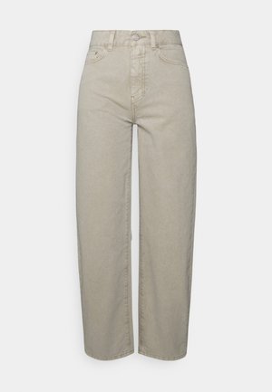 Beige high-waisted wide-leg jeans in cotton denim, featuring a front button closure and side pockets. Smooth texture with straight cut.