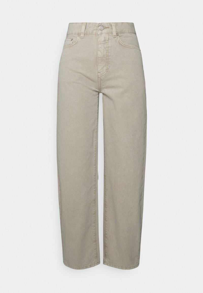 Jeans de mezclilla de algodón de pierna ancha de talle alto en color beige, con cierre de botón frontal y bolsillos laterales. Textura suave con corte recto.