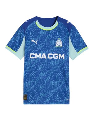 Blå fodboldtrøje med korte ærmer og turkise ærmer, pixelmønster, der har hvidt "CMA CGM" logo og Puma-logo på skuldrene.