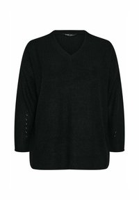 Svart stickad V-ringad tröja med långa ärmar och lös passform, med ett texturerat ribbat mönster över hela plagget.