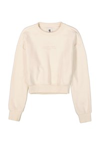 Sudadera cortada de color crema con mangas largas, puños acanalados y un sutil detalle de texto en relieve en el frontal. Textura suave y corte casual.
