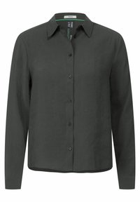 Camicia button-up in lino grigio scuro, con colletto classico, maniche lunghe e sei bottoni frontali per la chiusura. Tessuto liscio.
