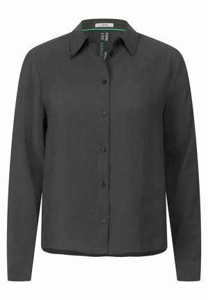 Košile na knoflíky z tmavě šedé lněné tkaniny, s klasickým límcem, dlouhými rukávy a šesti předními knoflíky na zapínání. Hladká textura.