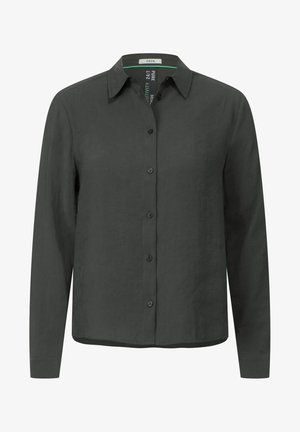 Button-up-Hemd aus dunkelgrauem Leinen, mit klassischem Kragen, langen Ärmeln und sechs vorderen Knöpfen zum Verschließen. Glatte Textur.