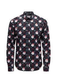 Schwarze Hemd mit Knöpfen und einem festlichen Muster von Weihnachtsmann, das weiße Bärte, rote Hüte und den Text "Ho! Ho! Ho!" in Rot zeigt.