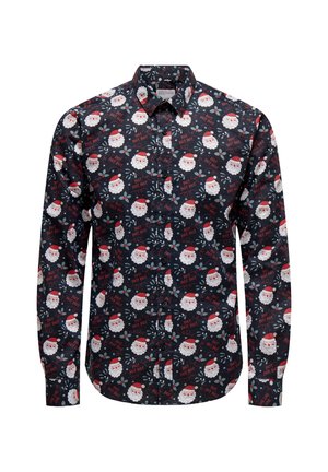 Czarna koszula z guzikami ozdobiona świątecznym wzorem Świętego Mikołaja, z białymi brodami, czerwonymi czapkami i napisem "Ho! Ho! Ho!" w kolorze czerwonym.