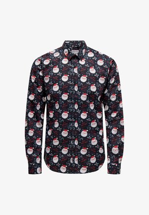 Czarna koszula z guzikami ozdobiona świątecznym wzorem Świętego Mikołaja, z białymi brodami, czerwonymi czapkami i napisem "Ho! Ho! Ho!" w kolorze czerwonym.