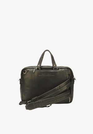 Mallette en cuir noir avec doubles poignées et bandoulière réglable, poche avant zippée et nom de marque en relief sur une surface lisse.