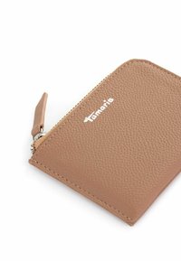 Brown leather wallet with a textured finish, featuring a zip closure and a small zipper pull, embossed logo on the front.