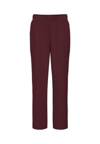 Pantalones rectos color marrón oscuro hechos de una tela suave. Presentan una cinturilla ancha y dos bolsillos delanteros. Diseño simple y minimalista.