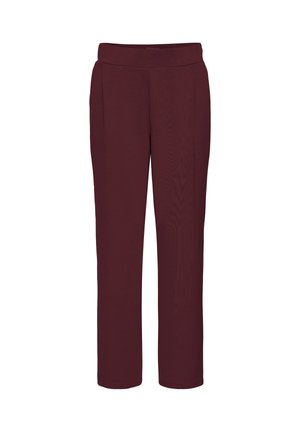 Pantalones rectos color marrón oscuro hechos de una tela suave. Presentan una cinturilla ancha y dos bolsillos delanteros. Diseño simple y minimalista.