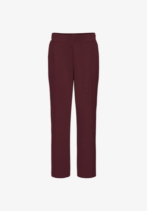 Pantalones rectos color marrón oscuro hechos de una tela suave. Presentan una cinturilla ancha y dos bolsillos delanteros. Diseño simple y minimalista.