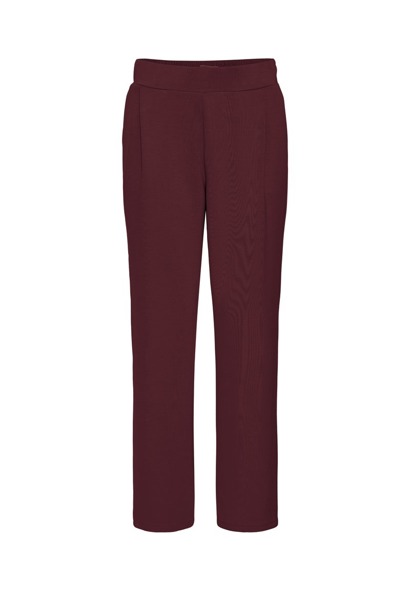 Pantalones rectos color marrón oscuro hechos de una tela suave. Presentan una cinturilla ancha y dos bolsillos delanteros. Diseño simple y minimalista.