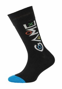 Sort sok med farverig "GAME" tekst og geometriske symboler. Har en blå tå og tekstureret kant for bedre pasform. Materiale i bomuldsblanding.