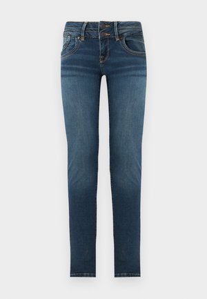 Mørkeblå, slanke jeans med to lommer foran, dobbel knappelukking, beltehemper og lett falming på lår og knær.