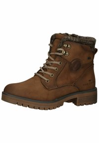 Bottes chelsea en cuir marron avec un col en tricot texturé, œillets en métal et lacets beiges. Elles présentent une semelle robuste et une marque discrète.