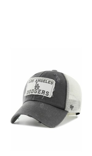 Gorra de béisbol de malla gris y blanca de Los Angeles Dodgers desgastada con detalles envejecidos y un parche de tela cosido en la parte delantera.
