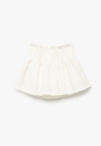 Witte uitlopende minirok met een elastische tailleband, voorzien van een gestructureerd bloemenpatroon en gelaagde ruches voor extra volume.