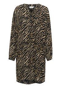Camicia lunga a stampa animale nera e beige con colletto, chiusura a bottoni e vestibilità ampia. Presenta un tessuto fluido e maniche lunghe con polsini.