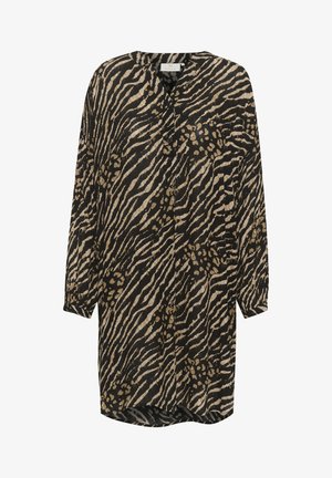 Pikk must ja beež looma mustriga särk, millel on krae, nupulukk ja vaba lõige. Omab voolavat kangast ja pikki sleevesid mansettidega.