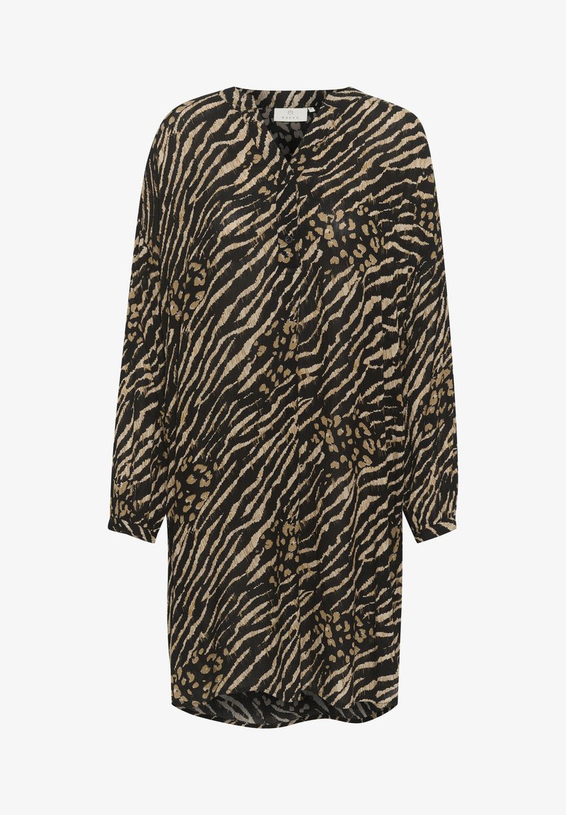 Ilgas juodas ir smėlio spalvos gyvūnų rašto marškinis su apykakle, sagų priekyje ir laisvu siluetu. Yra srovelių audinys ir ilgomis rankovėmis su manžetais.